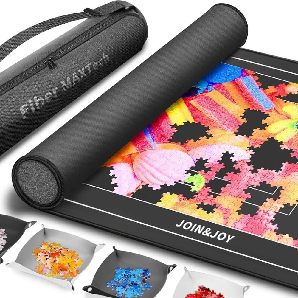 1500 Pieces Jigsaw Puzzle Mat Roll Up Rubber Saver Pad 46 x 26, 4 Sorting Trays